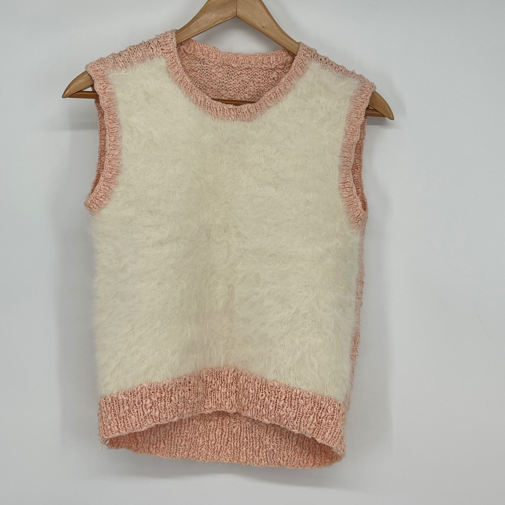 Vintage Sleeveless Knit Vest Fuzzy Sweater Tank Top Pink Beige Cropped Size S
